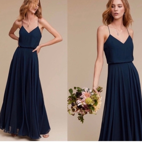 JENNY YOO Inesse V- Neck Chiffon Navy Blue Maxi Gown Bridesmaid Dress Size 6 - Picture 1 of 14